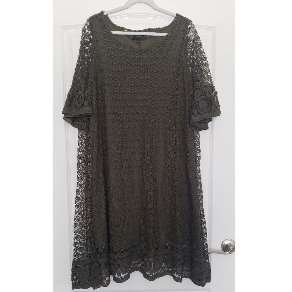 Lane Bryant Olive Green Lace Dress Crochet‎ Detail Flared Sleeve Plus Size 16